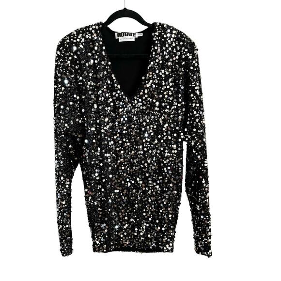 ROTATE Birger Christensen Masha Sequin V-Neck Mini Dress XS Black Silver - Picture 2 of 7